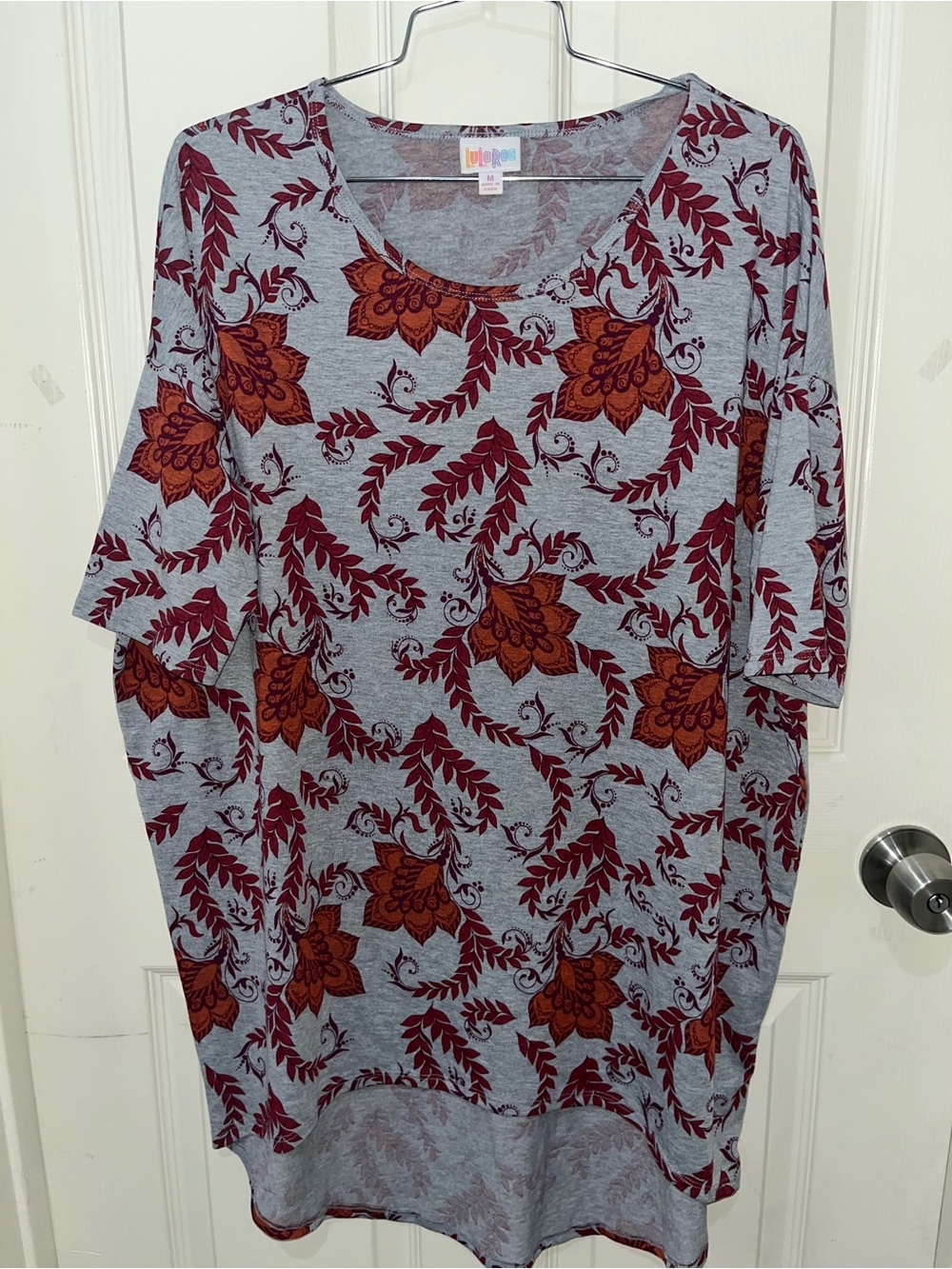 LuLaRoe Gray Tunic with Burgundy and Rust Floral Print